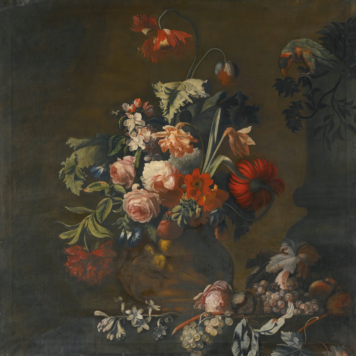 Still Life Of Roses Variegated Tulips Peonies And Other Flowers In A Sculpted Va
