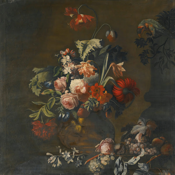 Still Life Of Roses Variegated Tulips Peonies And Other Flowers In A Sculpted Va