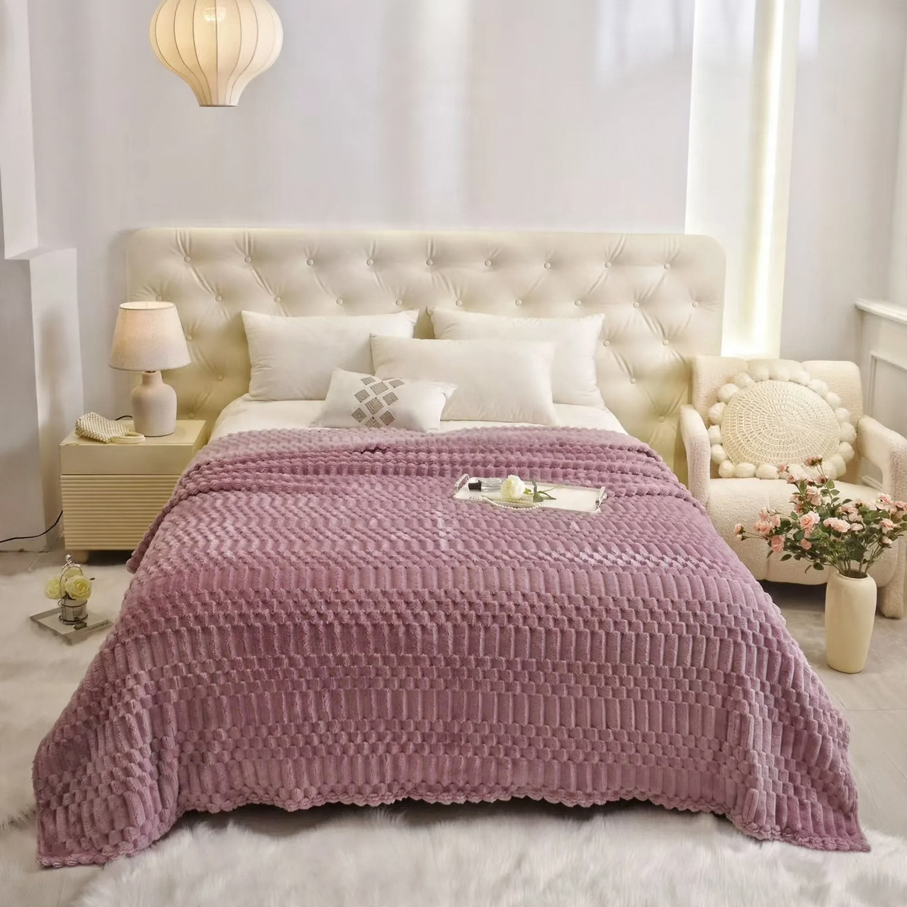 Versatile throw blanket with jacquard pattern
