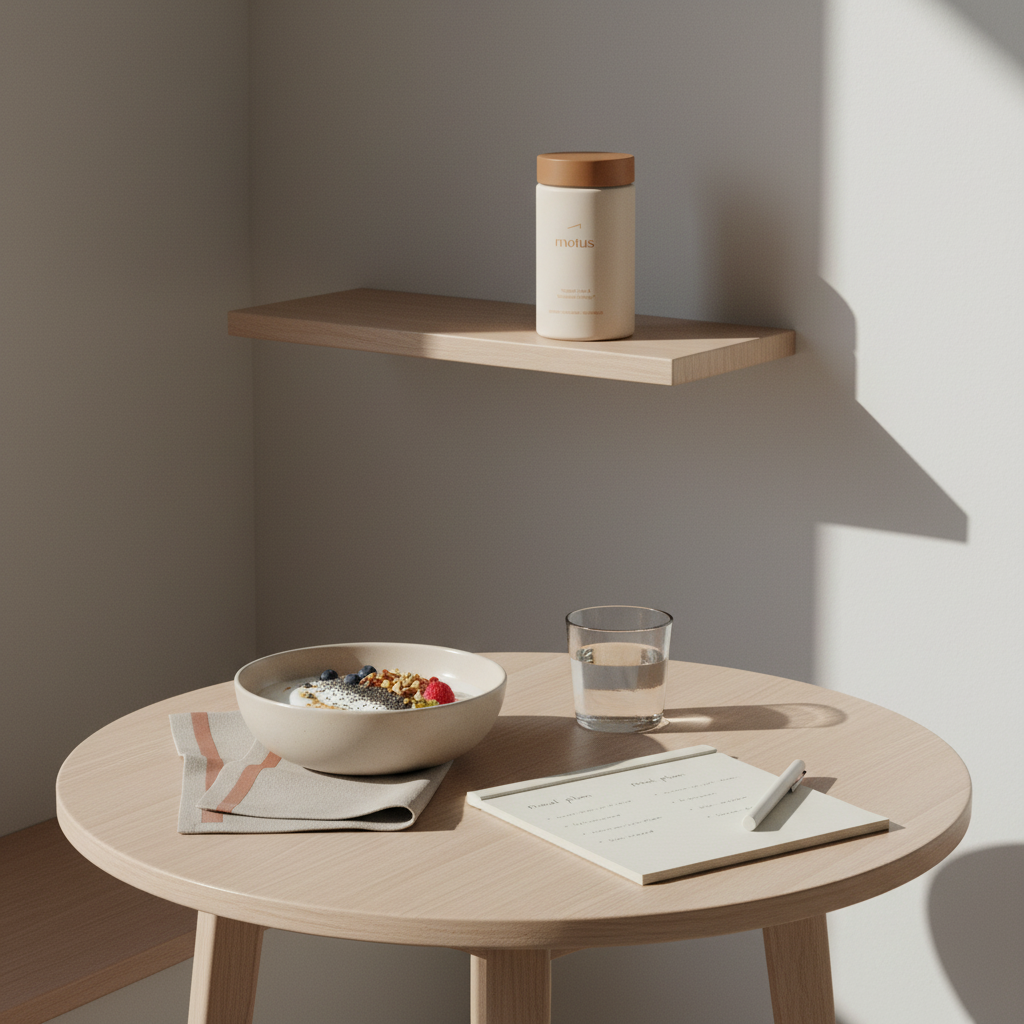 Minimalist breakfast nook with a prepared 30g protein breakfast bowl, Motus supplement bottle on a small shelf, and a meal-plan notepad in soft Tonum brand colors.