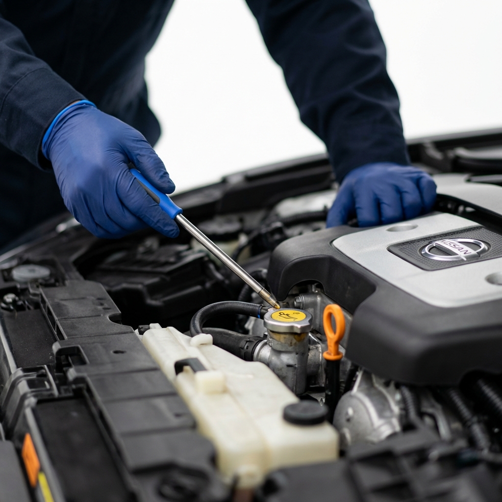 Technician inspecting oil fill and dipstick in a clean Nissan 370z for sale engine bay with white background and CarFax Deals blue glove