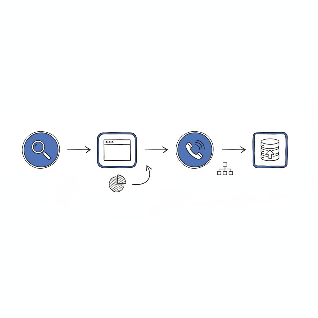 Vector notebook-style flowchart of a healthcare PPC workflow: search ad to landing page to call tracking to offline conversion import, minimalist white layout with blue accent nodes.