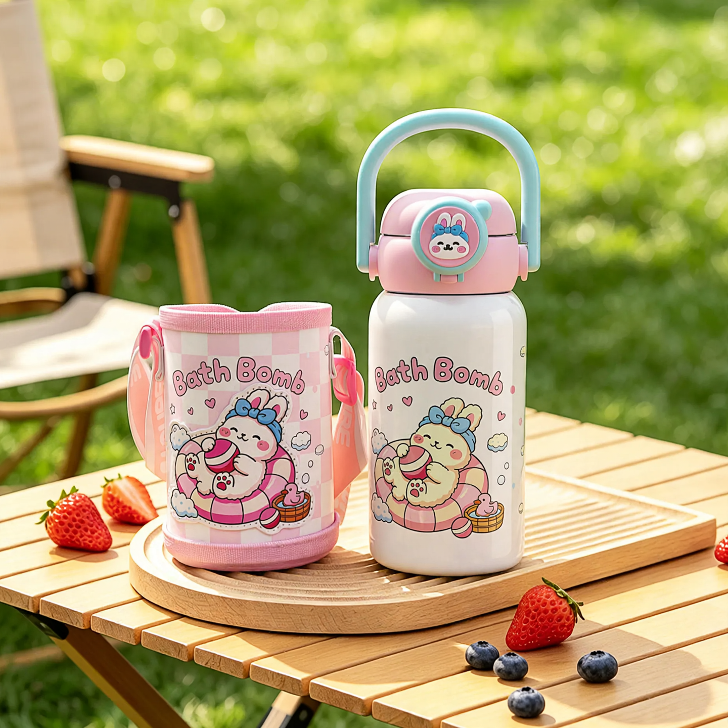 Children's thermos bottle with suction cup and straw
