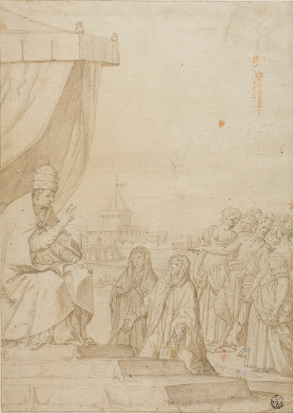 Pope Blessing Two Women in the Presence of Satyr and Assembled Women with Castel
