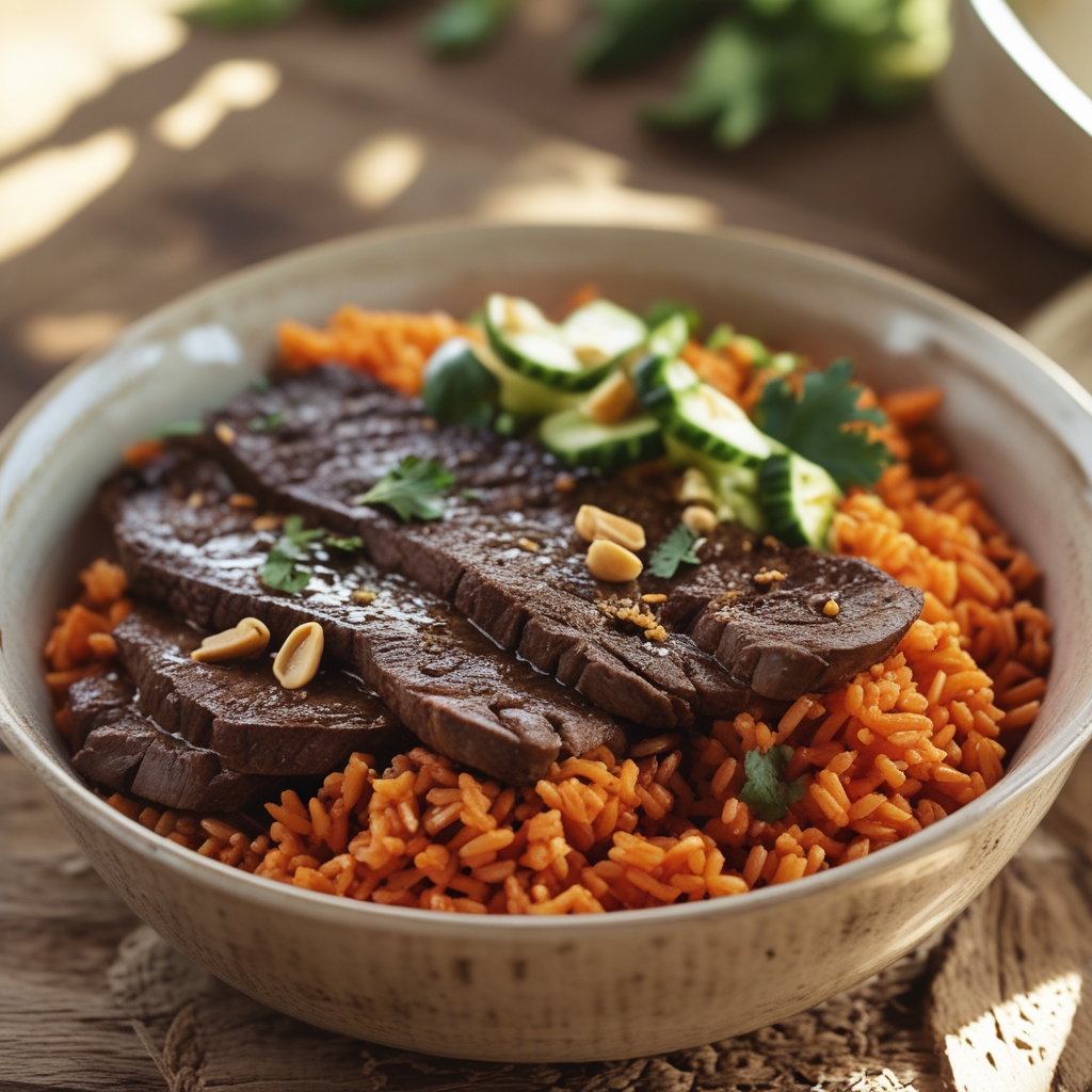 West African Suya Spice Steak & Peanut Jollof Rice Power Bowl with Quick Cucumber Salad