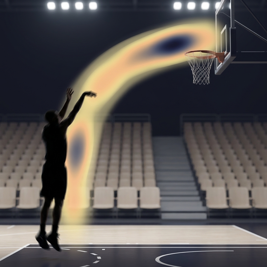 How Regression to the Mean Applies to Sports depiction of a basketball player taking a contested shot with a transparent shot difficulty heatmap overlay in Funded Plays brand colors