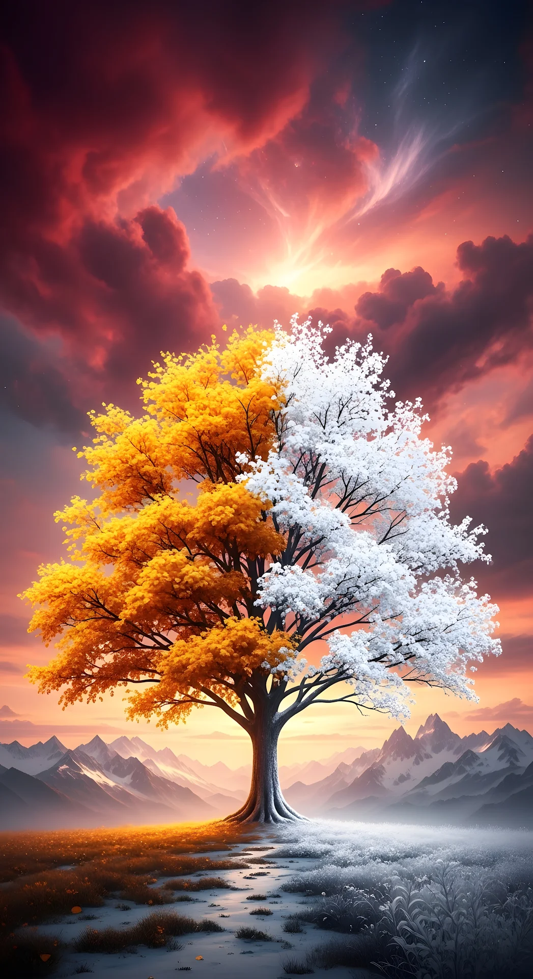Tree of Seasons Split Autumn and Winter Landscape - Free 4K mobile Wallpaper