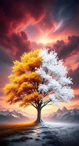 Tree of Seasons Split Autumn and Winter Landscape