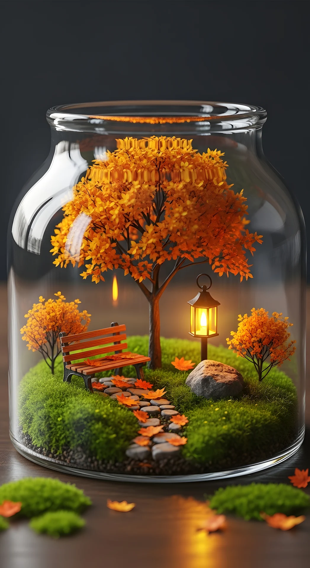 Miniature Autumn Terrarium Glowing Lantern Fall Scene - Free 4K mobile Wallpaper