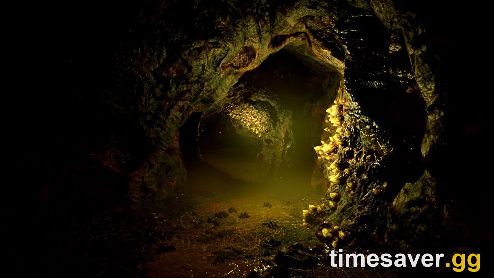 The dark, organic cave interior of a Terminid Hive World reached through The Gloom