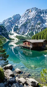 Alpine Lake Cabin with Snowy Mountain Reflection