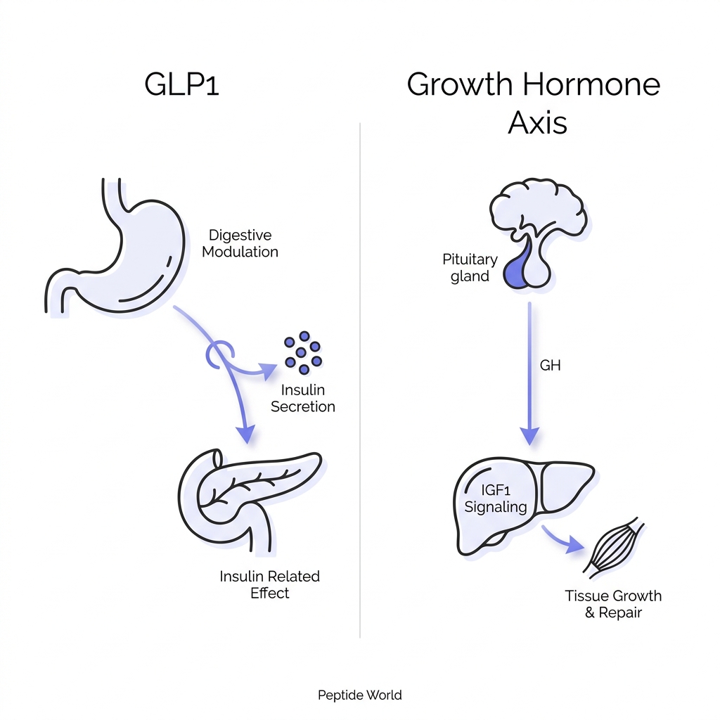 Minimalist clinical illustration comparing peptides mechanisms showing GLP1 action with stomach and pancreas icons versus growth hormone axis with pituitary and liver icons in Peptide World style