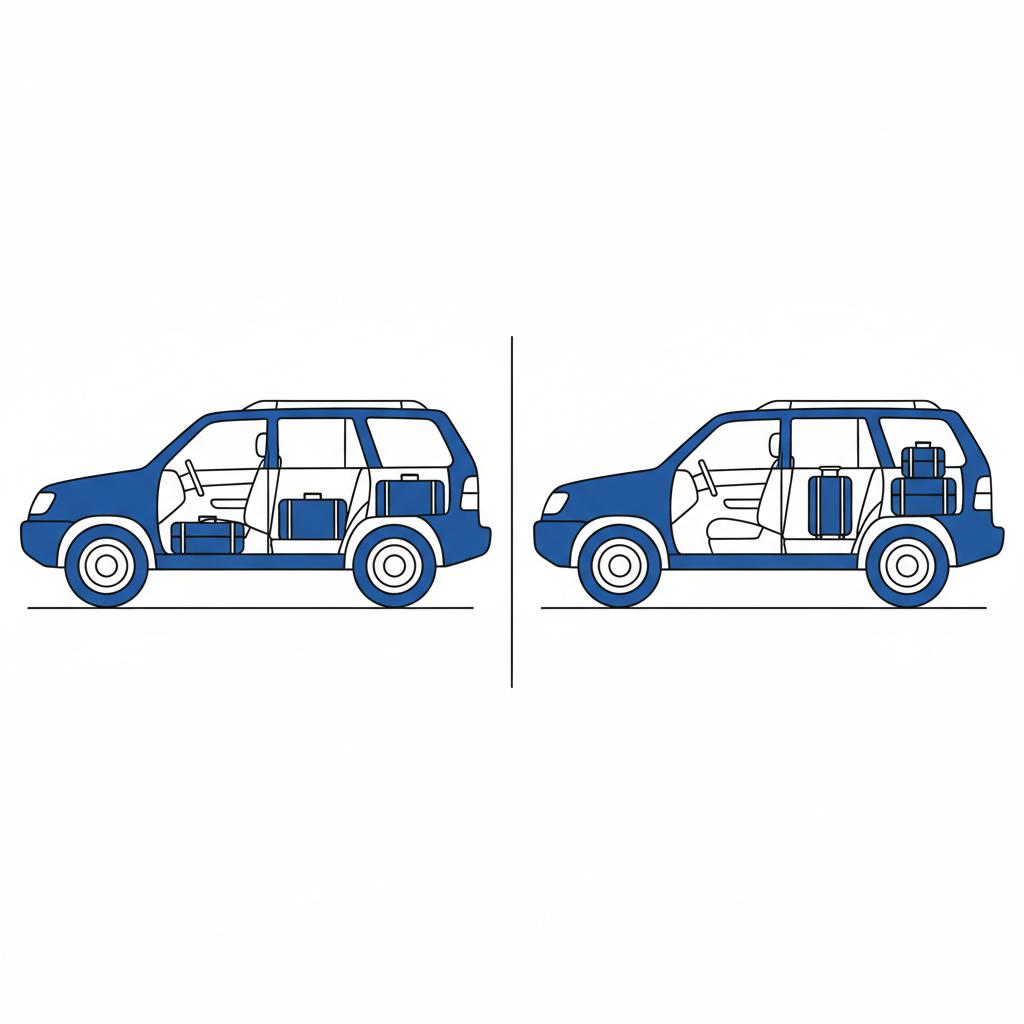 Minimal 2D vector cargo comparison showing one SUV with third row folded flat and one with third row upright with luggage illustrating usable space toyota land cruiser for sale