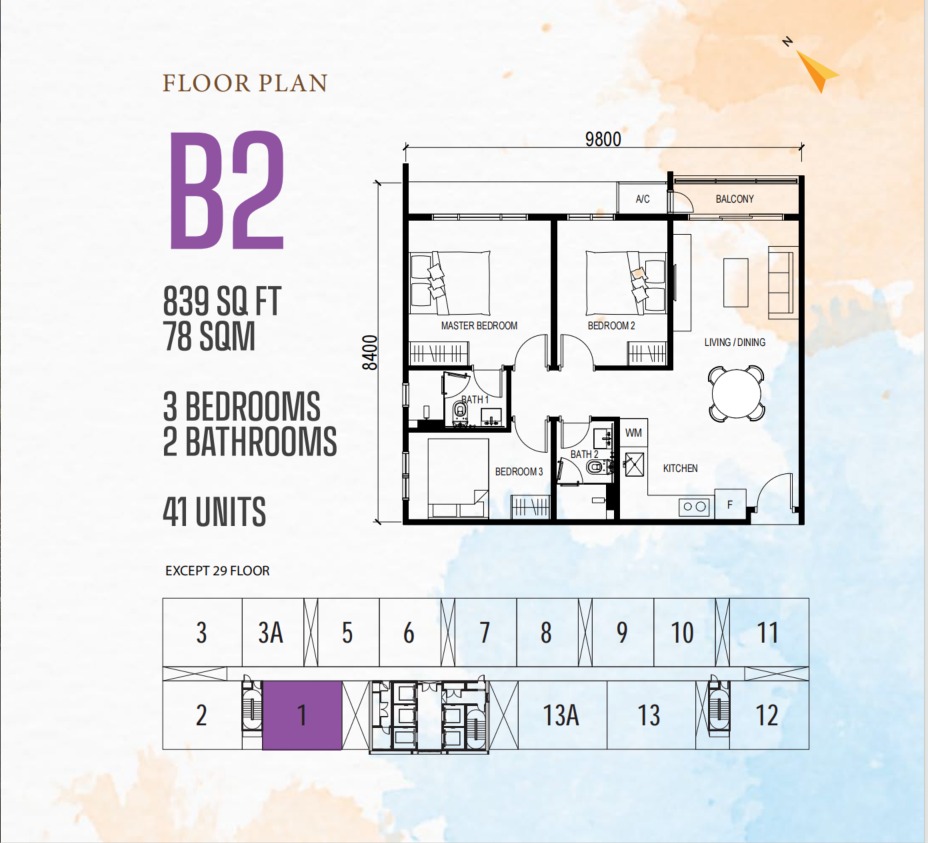 Vox Type B2 floor plan — 877 sq ft, 3 bedrooms