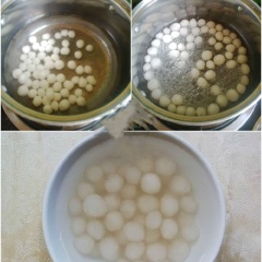 Đun sôi một nồi nước, cho hạt trân châu vào luộc. Khi hạt trân châu nổi lên trên mặt nước thì vớt ra và cho vào tô nước lạnh khoảng vài phút cho các hạt trân châu không bị dính vào nhau. Sau đó vớt trân châu ra khỏi tô nước.