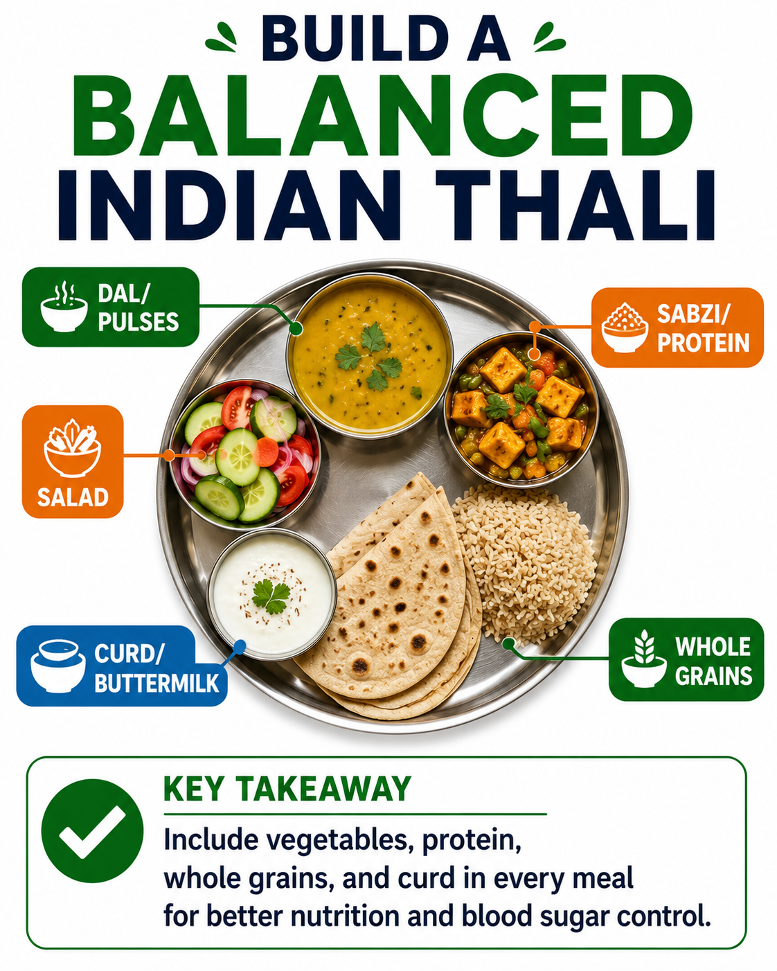Infographic showing a balanced Indian thali with dal, whole grains, sabzi or protein, salad, and curd or buttermilk for healthy eating and blood sugar management.