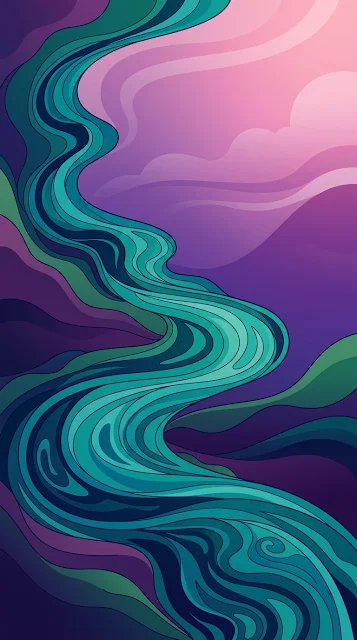 Abstract Illustration of a Flowing River Under Twilight Sky