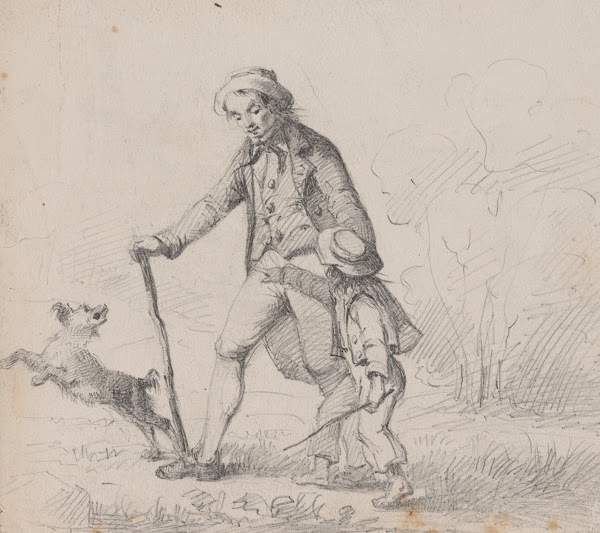 Man walking with barefoot boy and dog
