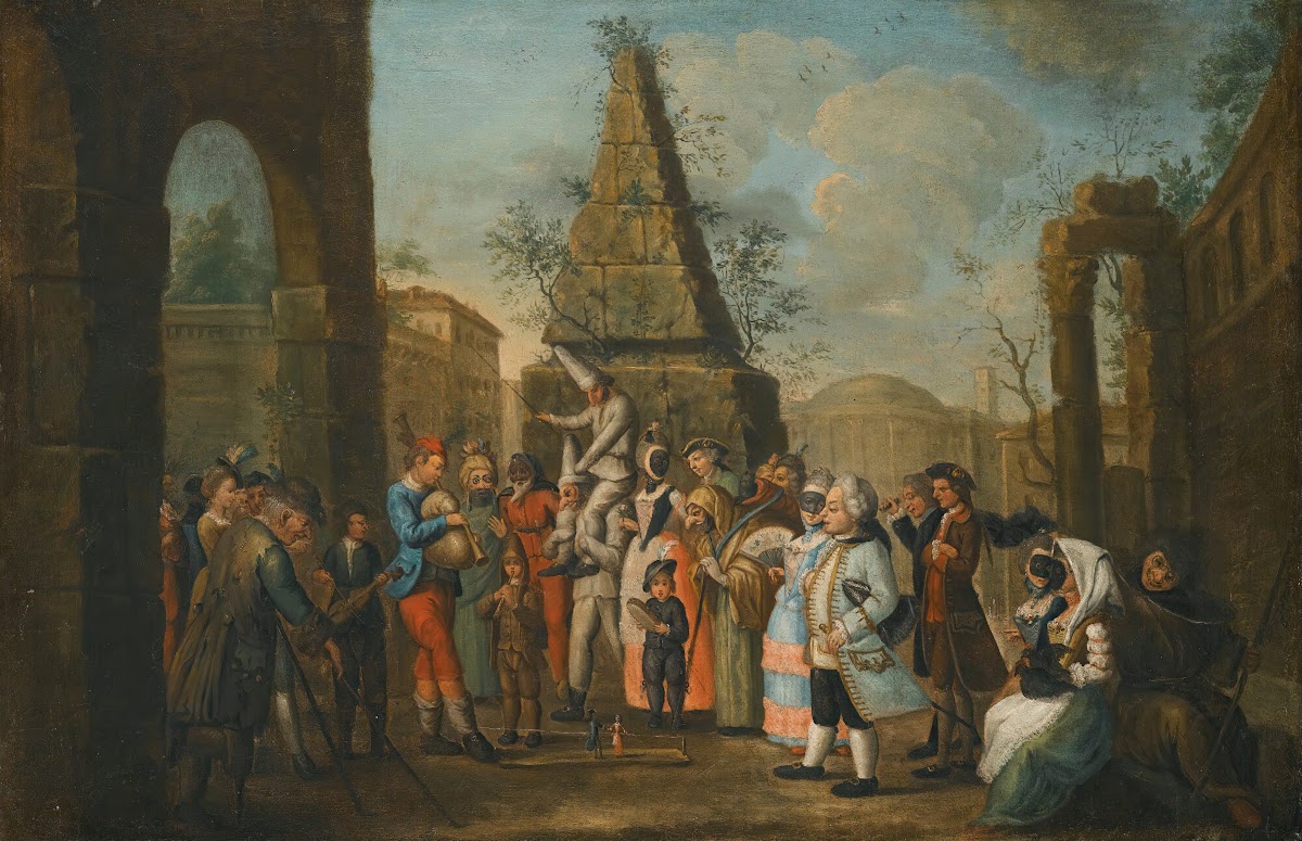 A Street Scene With Commedia Dellarte Performers AndMusiciansGatheredAround TwoP