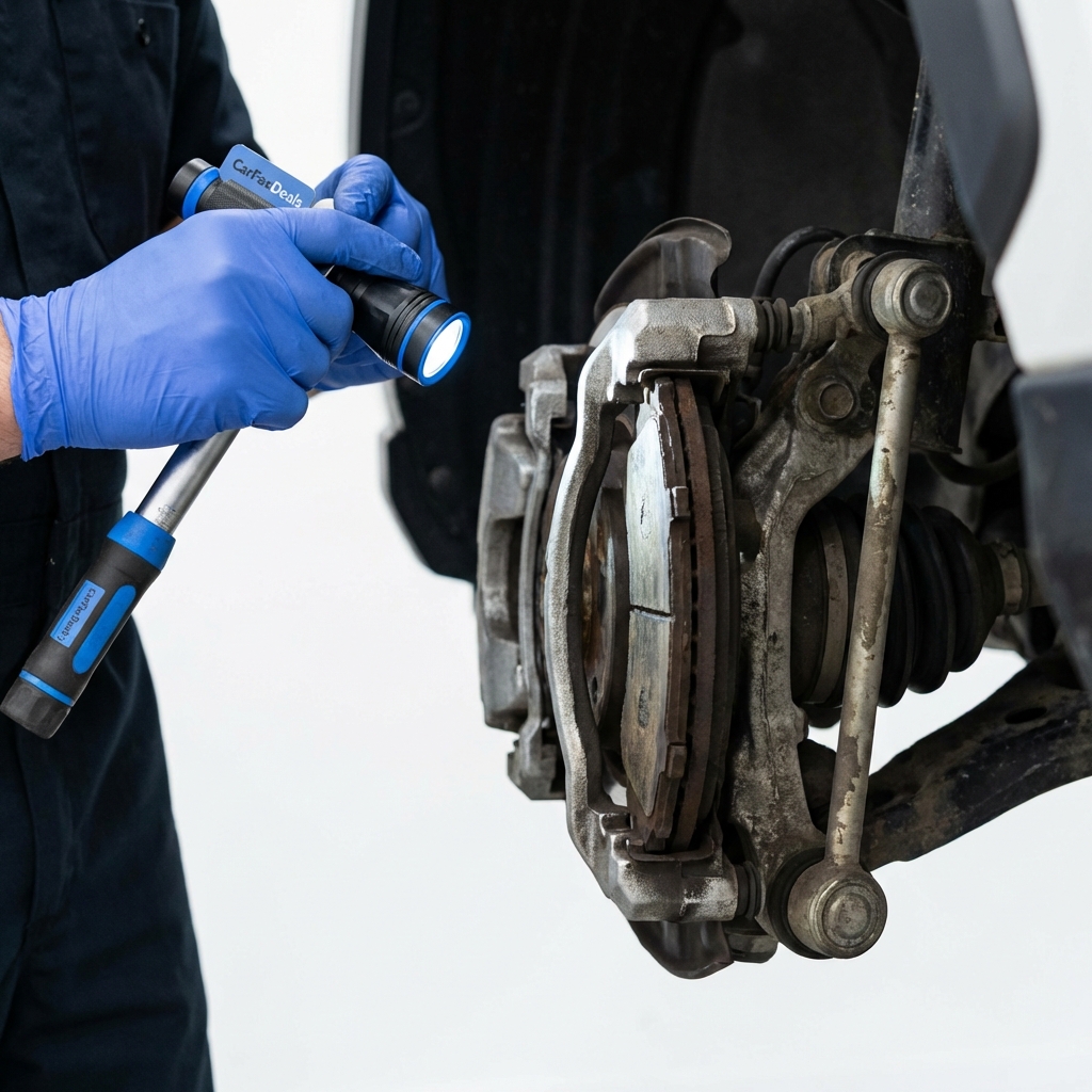 Close up of mechanic inspecting brake pads and suspension on a Toyota RAV4 during pre purchase check with clean white background and CarFax Deals blue accents rav 4 for sale