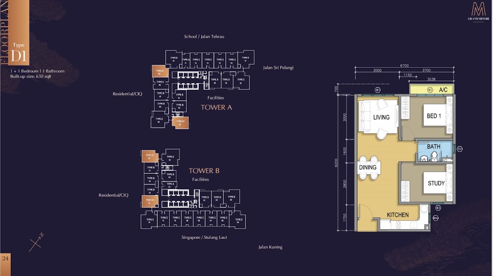 M Grand Minori Type D1 floor plan — 749 sq ft, 2 bedrooms