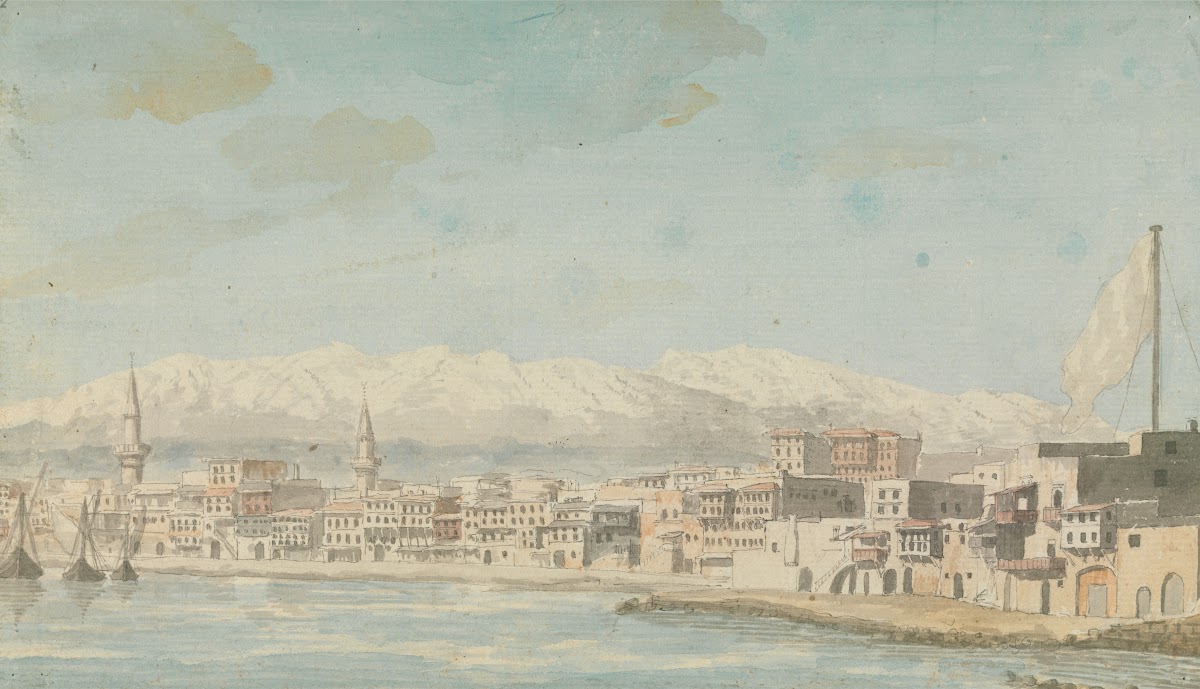 View of Harbor Town With Flagpole at Right Seen From Sea ca 1785