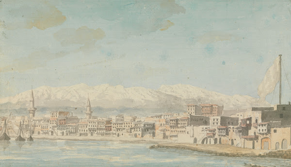 View of Harbor Town With Flagpole at Right Seen From Sea ca 1785