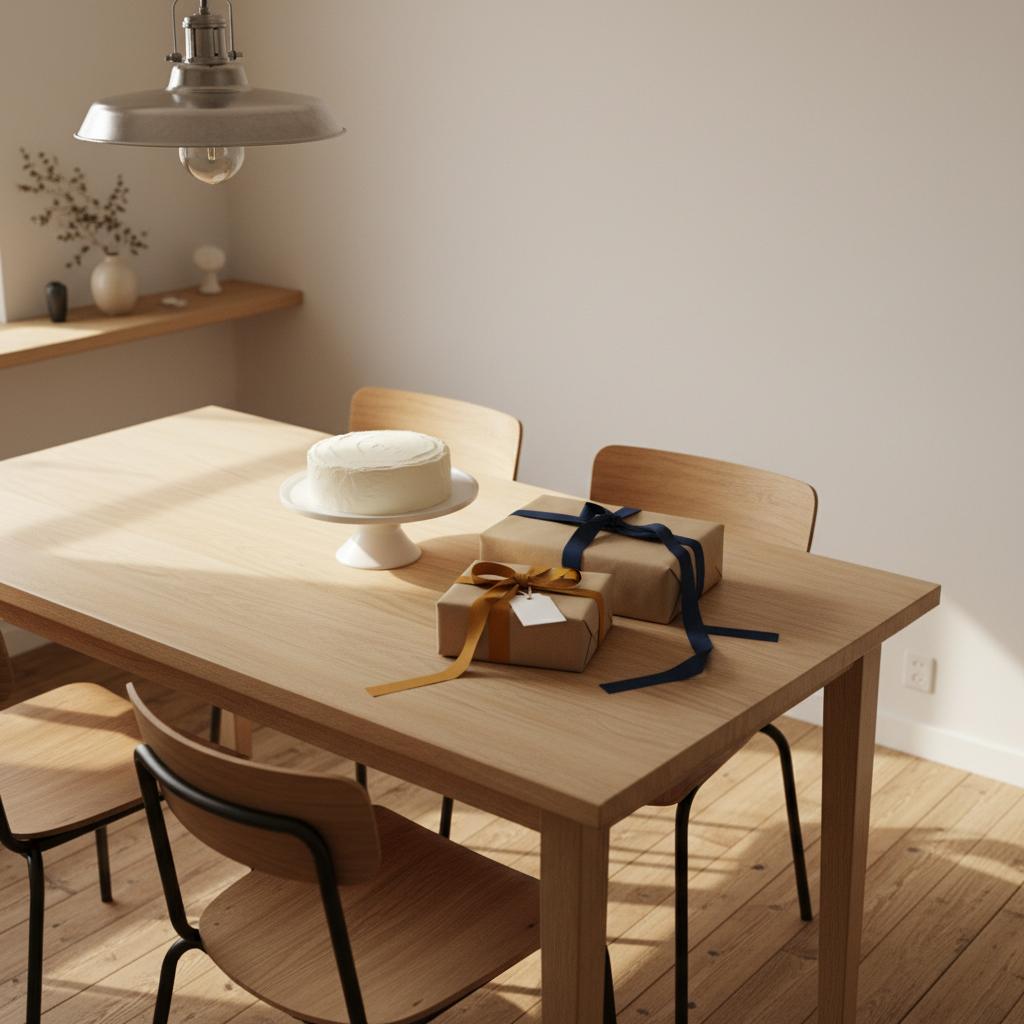 Intime Esszimmerszene mit neutral verpackten Geschenken und Vanillekuchen auf Holztisch – stilvolles geschenk für lehrer im minimalistischen, industriellen Ambiente