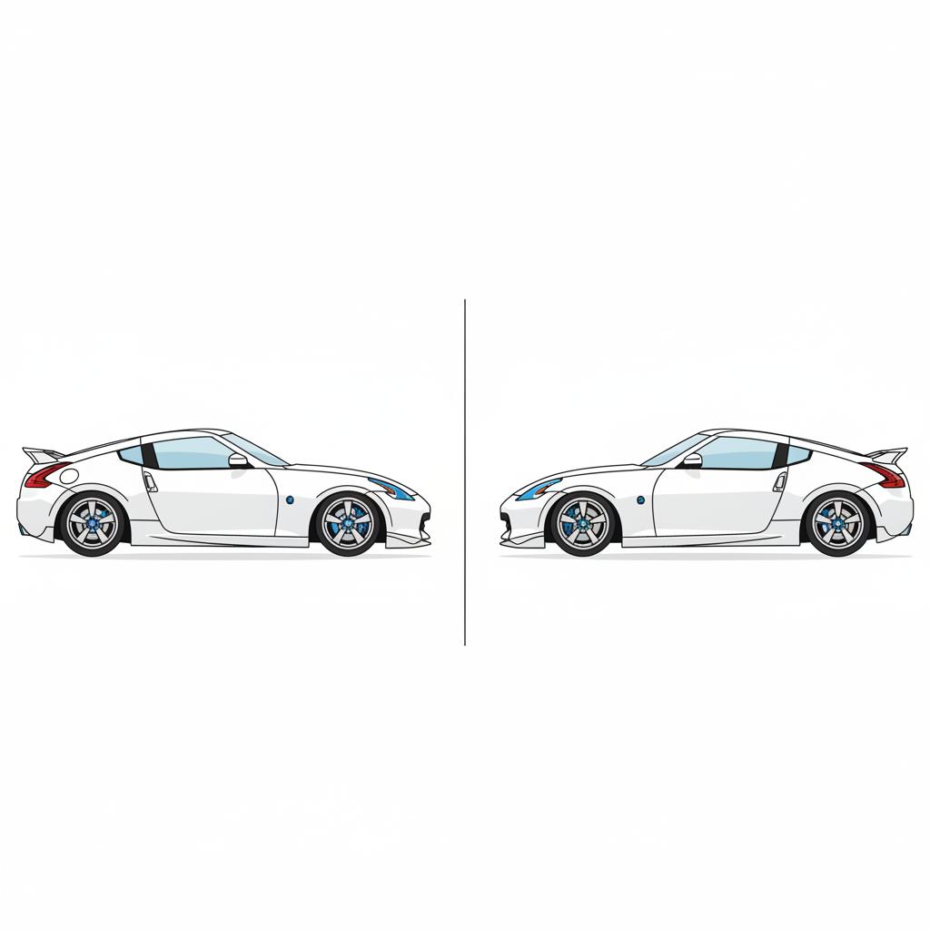 Minimal 2D vector side by side comparison of a pristine well maintained Nissan 370Z for sale and a modified lowered Nissan 370Z for sale on a white background with blue accent divider