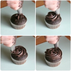 Bạn khoét 1 lỗ nhỏ giữa cupcake rồi bắt kem từ lỗ đó lên trên. Xay vòng đều tay từ lớn đến nhỏ là được. Trong quá trình bắt kem, bạn có thể hơi rung tay để tạo thành sóng nước, tất cả tùy thuộc vào sự sáng tạo của bạn nhé.