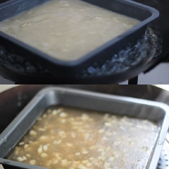 Cho khay bánh vào nồi hấp cách thủy hoặc cho vào nồi hấp khoảng 20 phút đến khi bánh chín. Tắt bếp để bán nguội hẳn, sau đó cắt thành lát dày vừa ăn.