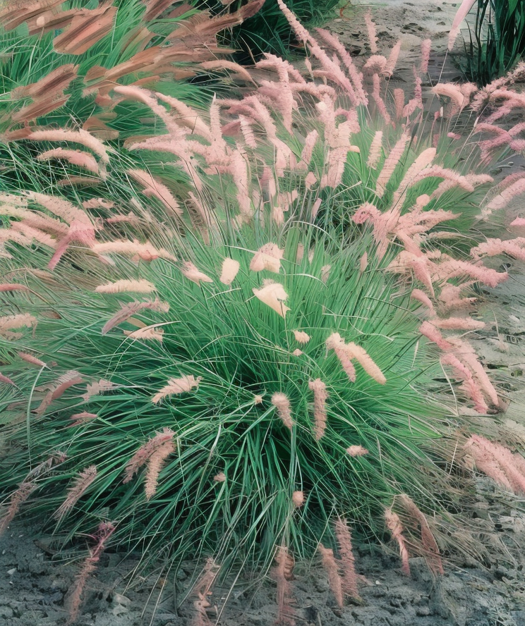 Pennisetum orientale in piena fioritura con spighe soffici nel giardino naturalistico