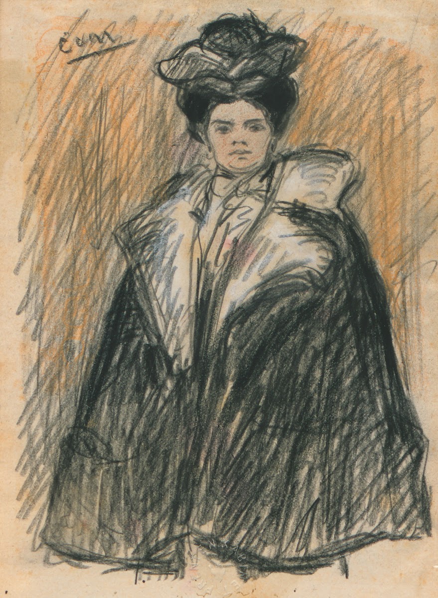Staande vrouw met winterjas en hoed portret 1903