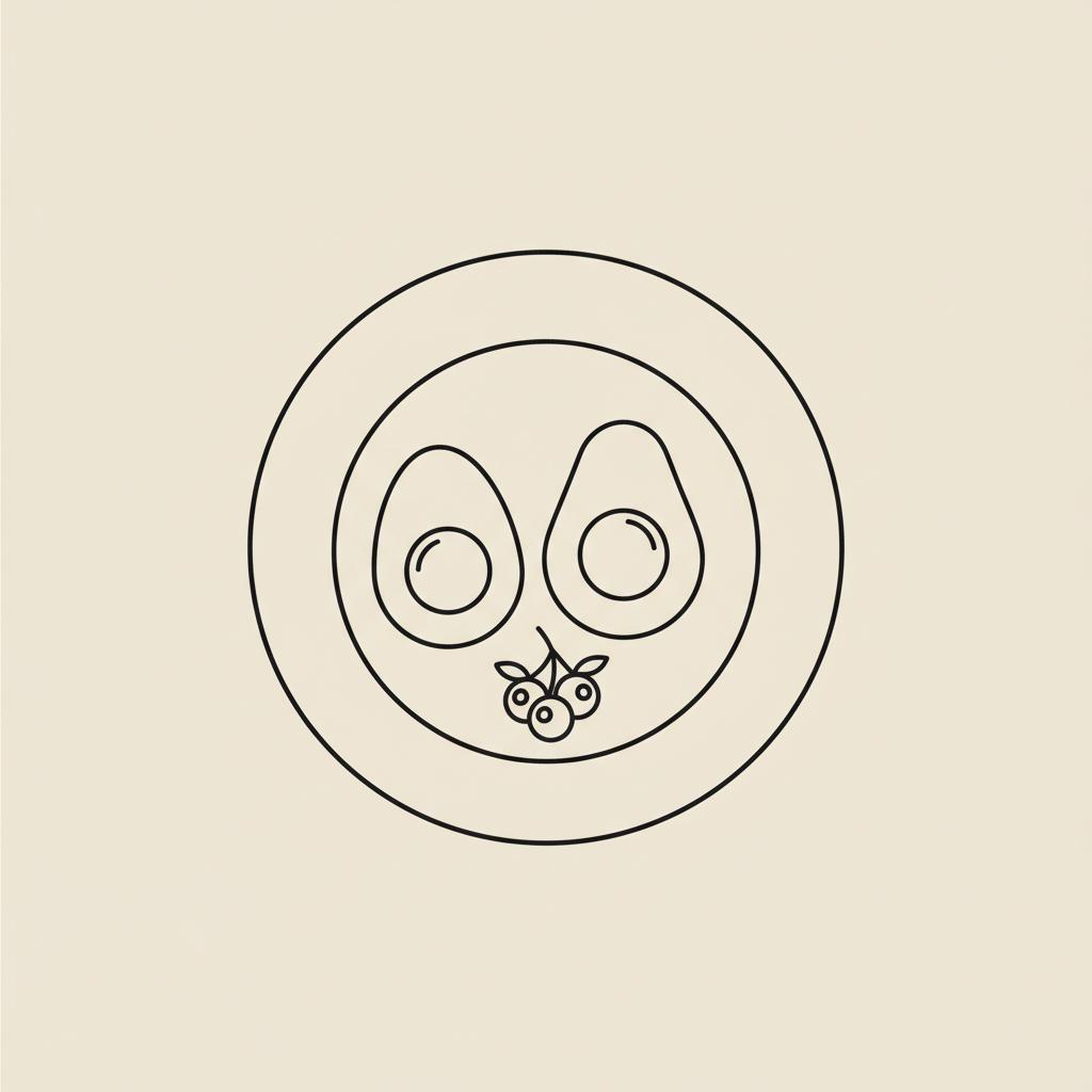 Minimal Tonum-style line illustration of a plate with an egg, half avocado and berries on beige background — keto breakfast icon