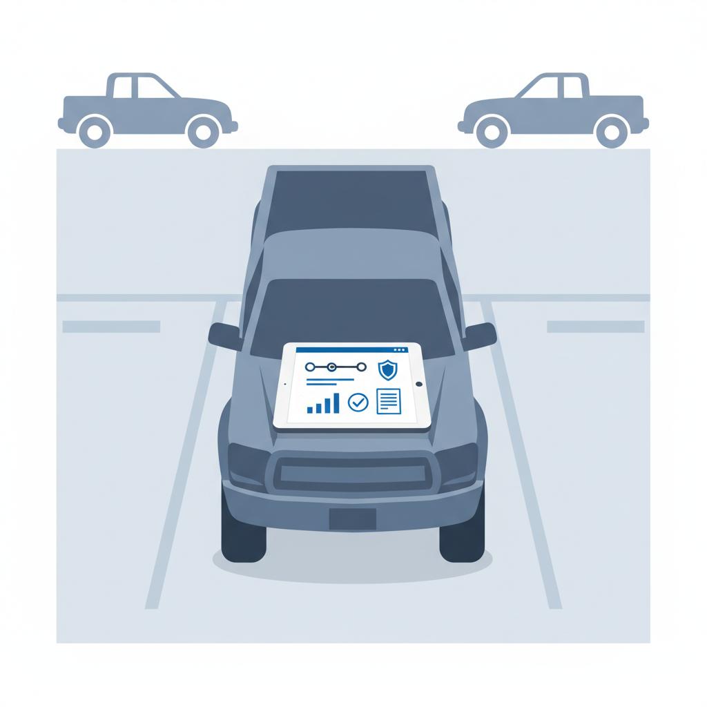 2D vector overhead of a tablet on the hood of a used pickup showing a simplified vehicle history report in CarFax Deals blue and white palette used truck for sale near me