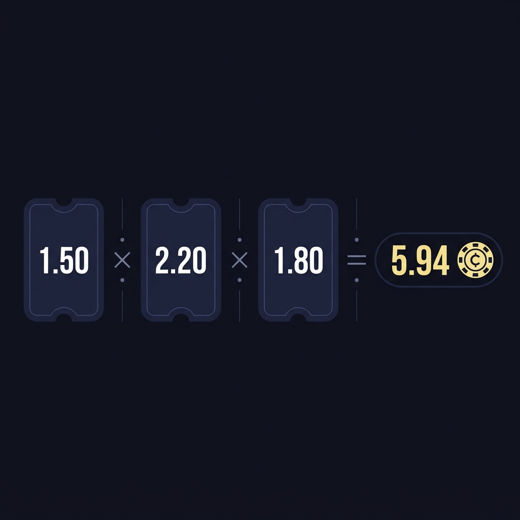 Minimalist vector infographic of a parlay ticket worked example showing three ticket cards with decimal odds multiplied and final payout highlighted in Funded Plays brand colors
