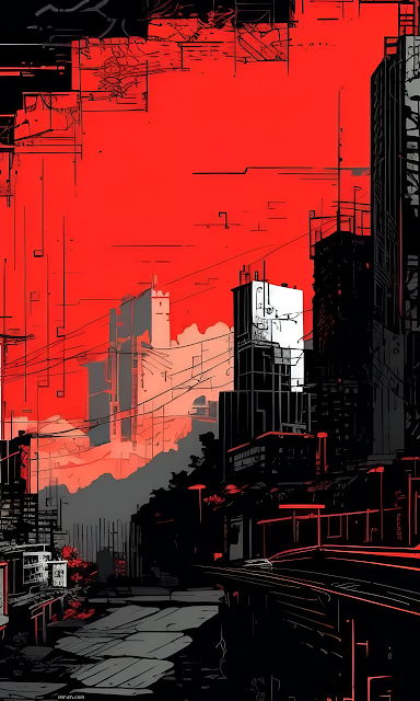 Dystopian Cityscape Illustration in Stark Red and Black - Free mobile Wallpaper