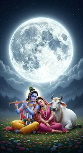 Illustration of Radha and Krishna with a Cow under a Luminous Full Moon