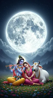 Illustration of Radha and Krishna with a Cow under a Luminous Full Moon