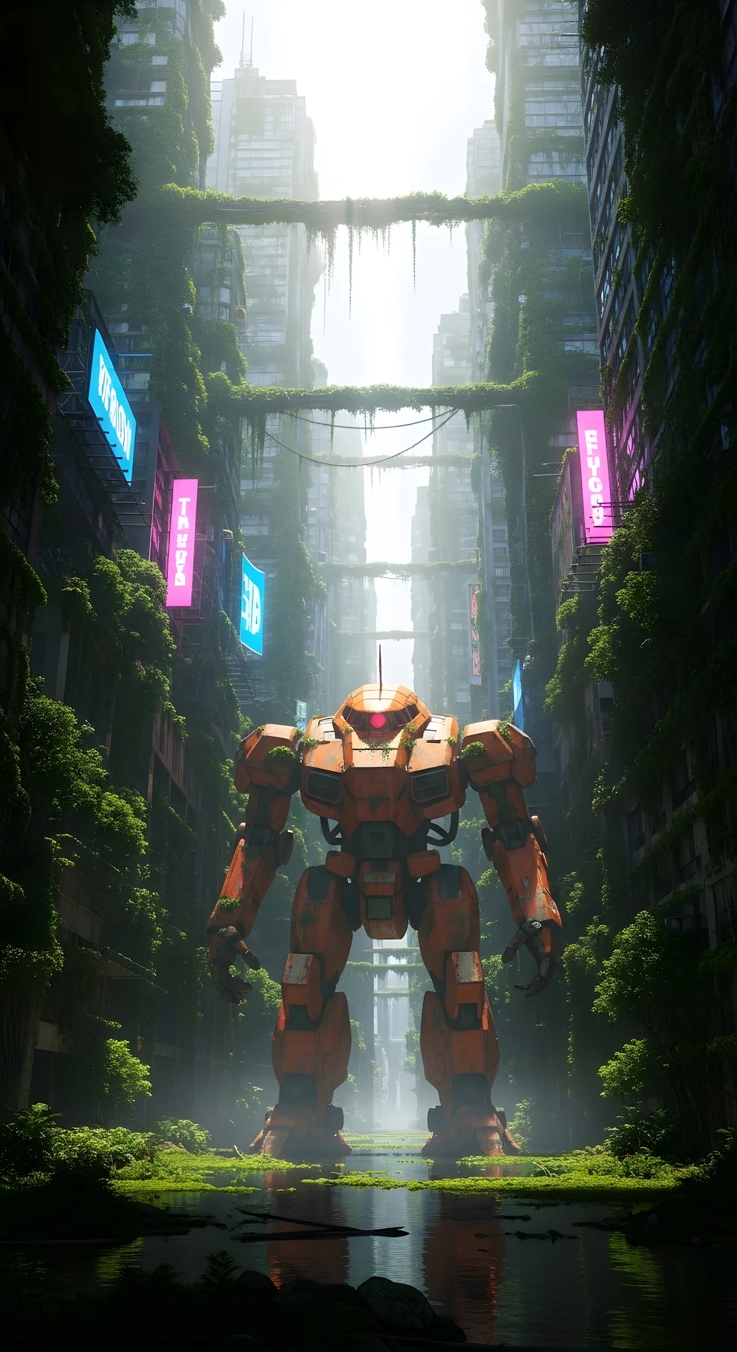 Orange Mecha Robot in Solarpunk Post-Apocalyptic Urban Environment - Free 4K mobile Wallpaper