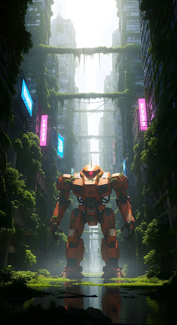 Orange Mecha Robot in Solarpunk Post-Apocalyptic Urban Environment - Free mobile Wallpaper