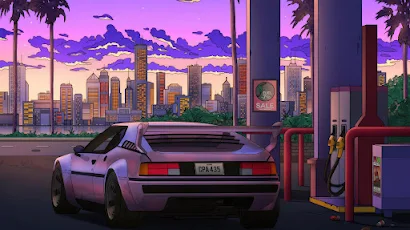 Retro Car Gas Station Synthwave 4K Wallpaper Background