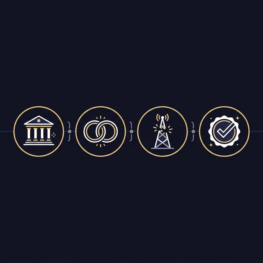 Minimalist 2D vector timeline in brand colors with four milestone icons for Chapter 11 support deal carriage drop and settlement approval diamond sports book
