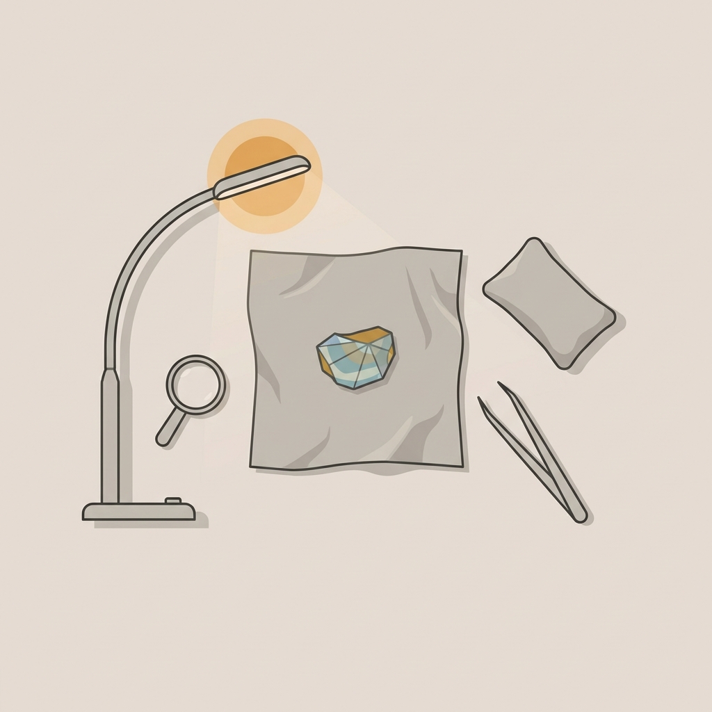 Minimal overhead vector flatlay of a conservator workspace with a small roman glass jewelry fragment on soft fabric LED lamp hand lens and tweezers on warm neutral background
