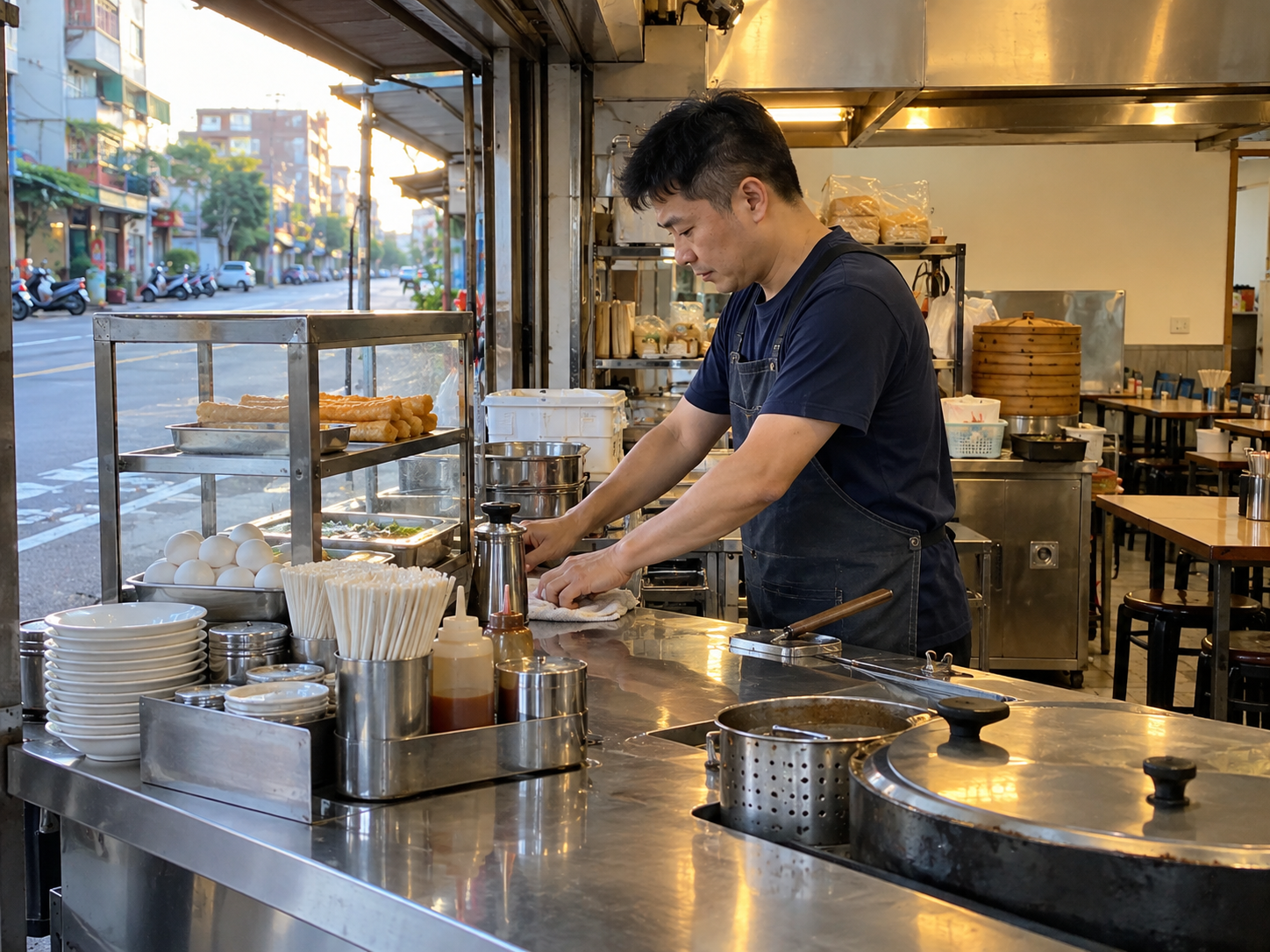 早餐店老闆清晨整理櫃檯，準備迎接客人