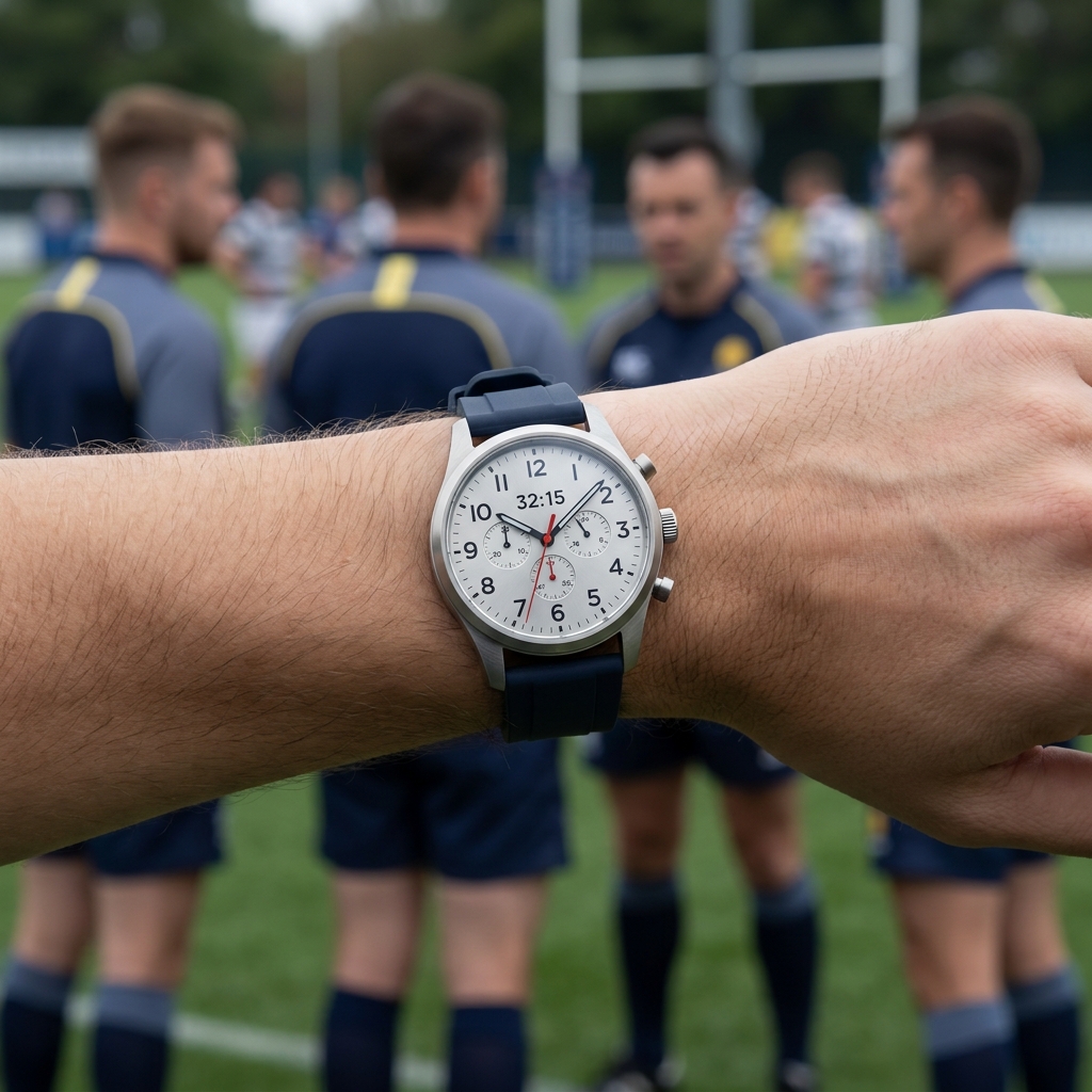 Close up of referee watch and match officials on a rugby pitch emphasizing timing and precision for six nations betting