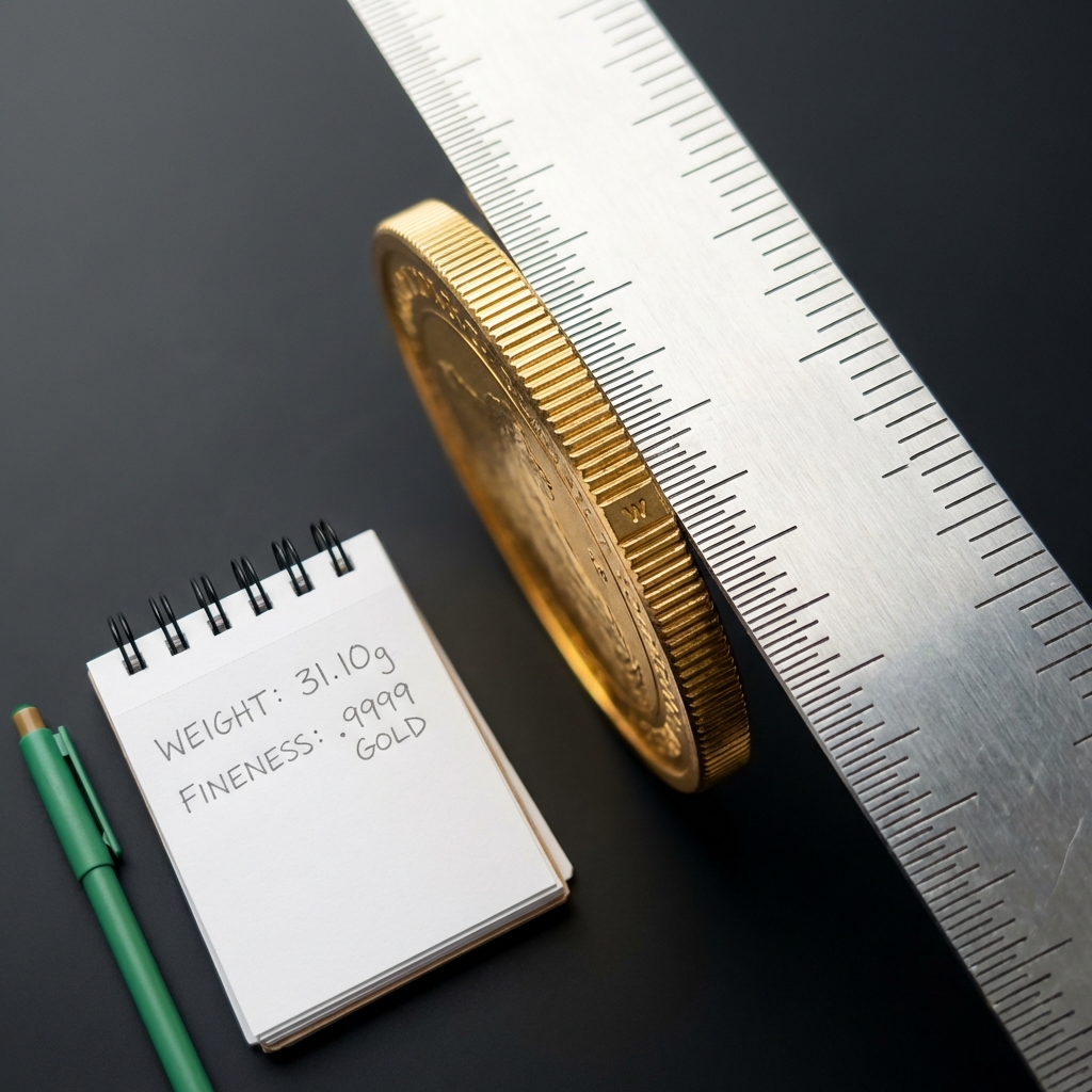 Macro photo of coin edge and mint mark with ruler for scale and notepad with handwritten weight and fineness notes on dark background how to buy gold on stock market