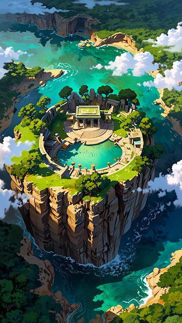 Ancient Stone Temple on Floating Cliff Island Sanctuary Art - Free mobile Wallpaper