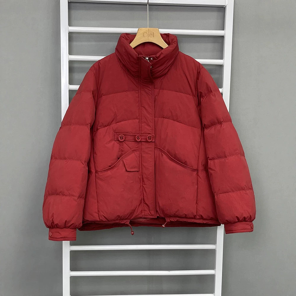 Short women's down jacket, stand-up collar, white duck down