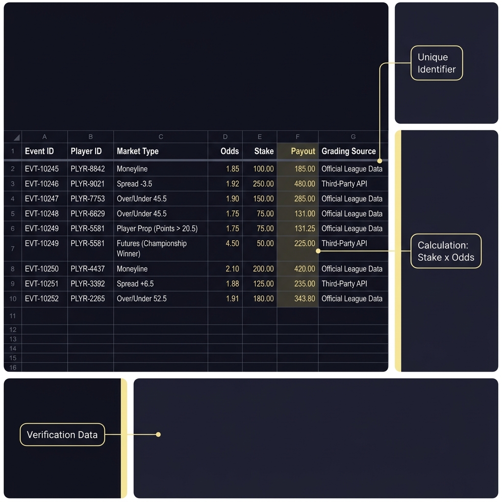 Spreadsheet screenshot with labeled columns Event ID Player ID Market Type Odds Stake Payout and Grading Source annotated for clarity in Funded Plays brand colors How to Track Prop Performance by Market Type